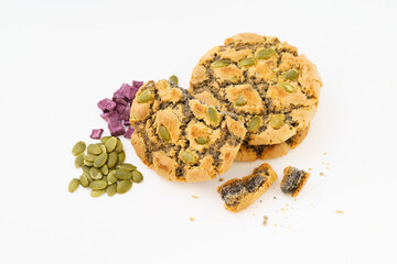 Special Chinese pastry pumpkin and purple sweet potato cake on white background