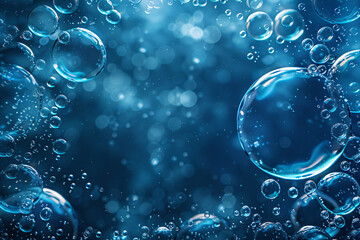 Abstract blue background with bubbles and light bokeh