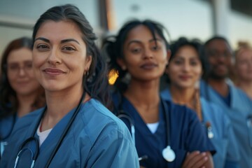A diverse group of women healthcare workers in matching scrubs stand side by side, showcasing unity and teamwork. - obrazy, fototapety, plakaty