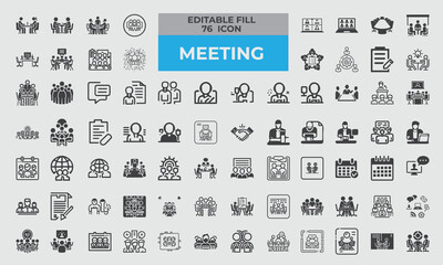 76 Fill Icon for meeting web set in fill style. Business training, workshop,  Conference, team, seminar, interview, excellent icons collection. Vector illustration. 