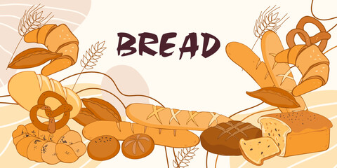 Bread and cereal products background for bakery, grains package and natural foods, hand drawn vector illustration isolated on white background.