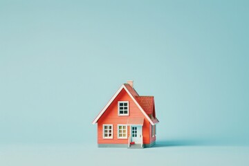 A small red house is perched on top of a blue surface, standing out against the serene backdrop.