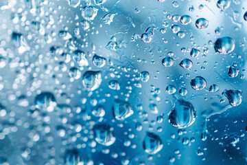 Closeup of blue water droplets on surface