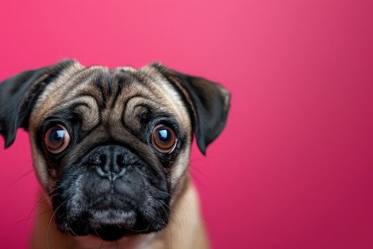 A small pug dog captivates the viewer with a direct gaze towards the camera.