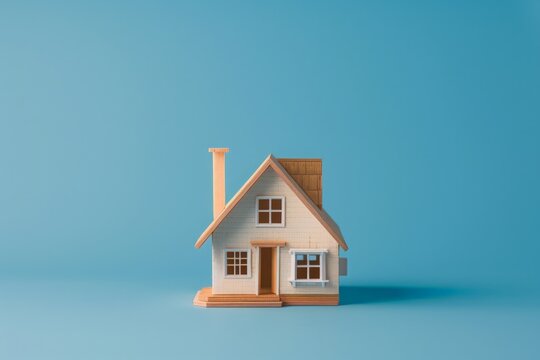 A small model house glowing in front of a calming blue background.