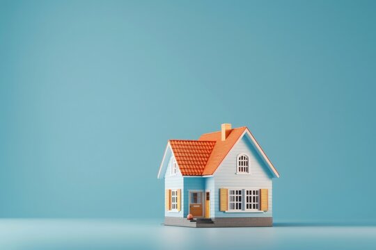 A quaint small house with a vibrant red roof stands out against a serene blue background.