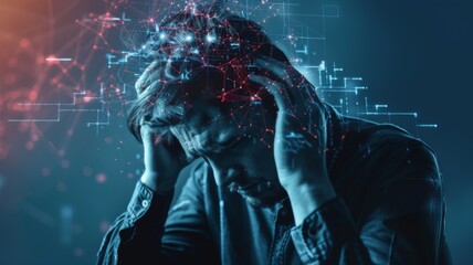 Man with head in hands amidst data - Digital depiction of a stressed individual with a network of data nodes and connections illustrating mental strain - obrazy, fototapety, plakaty