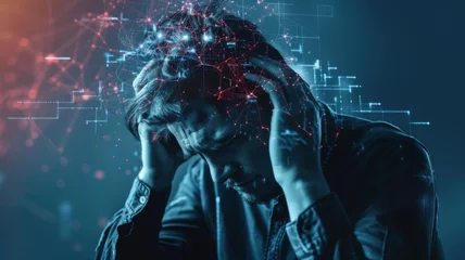 Muurstickers Man with head in hands amidst data - Digital depiction of a stressed individual with a network of data nodes and connections illustrating mental strain © Tida