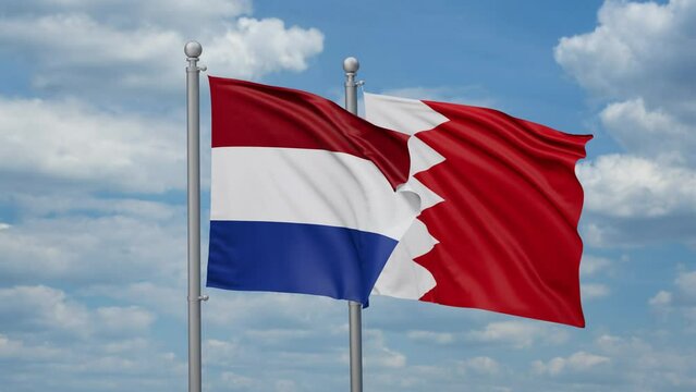 Bahrain and Netherlands two flags waving together, looped video, two country relations concept