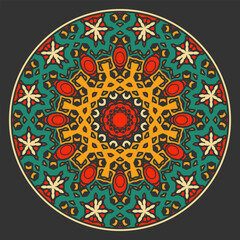 Multi-colored round panel with a fantasy ornament in a retro style. Mandala, concentric decorative composition. Vector illustration