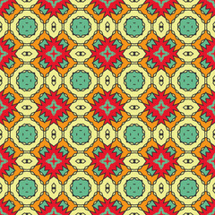 Seamless pattern with a simple ethnic pattern with predominant colors of red, yellow and blue. Vector illustration