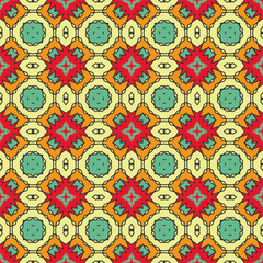 Seamless pattern with a simple ethnic pattern with predominant colors of red, yellow and blue. Vector illustration