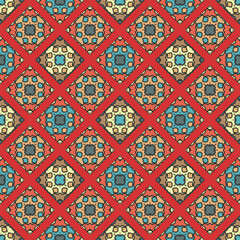 Seamless pattern with diagonally oriented ornamented square elements on a red background. Vector illustration