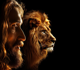 The lion of Judah. portrait of Jesus Christ and the Lion in the background.