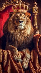 The lion sitting on the throne with a crown on the head