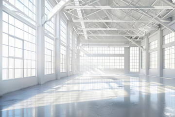 Large warehouse with numerous windows stacked along the walls, providing ample natural light to the empty space.
