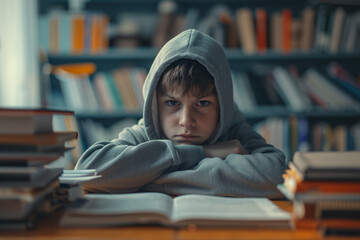 Sad tired frustrated boy sitting at table with many books in school library. Angry grumpy kid doing homework. Learning difficulties, education, neurodiversity concept