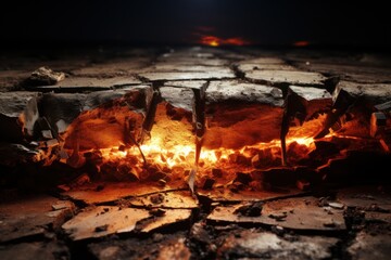 Lava flowing through cracked earth at night