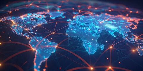 Concepts of global network and connectivity, international data transfer, cyber technology, and an abstract world map