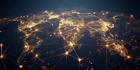 Concepts of global network and connectivity, international data transfer, cyber technology, and an abstract world map - obrazy, fototapety, plakaty