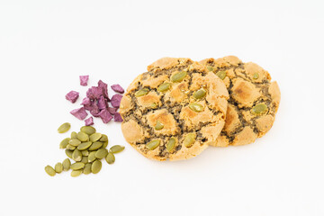 Special Chinese pastry pumpkin and purple sweet potato cake on white background