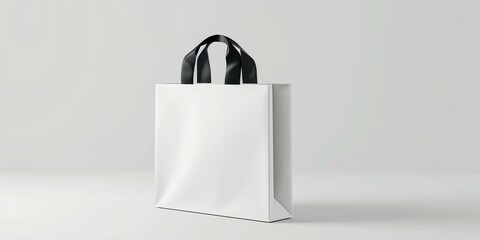 Isolated, 3D-rendered blank white paper gift bag mockup with a black silk handle. Mockup of a blank plastic packet