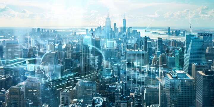 An overhead view of Manhattan, New York, USA, featuring futuristic digital healthcare holograms overlaid on Upper Manhattan, Midtown, and Downtown.