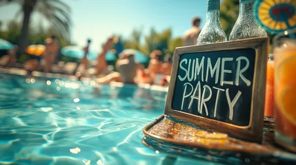 Abwaschbare Fototapete Spa Summer party sign with text "SUMMER PARTY" concept image with pool party with people in background
