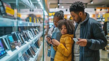 A family is exploring books at a library, having fun and browsing through various genres. They discuss different patterns, travel, and art concepts. AIG41