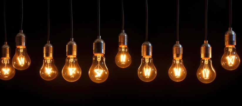 Close-up image of a string of illuminated light bulbs in darkness