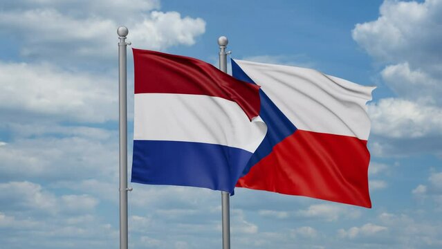 Czech Republic and Netherlands two flags waving together, looped video, two country relations concept