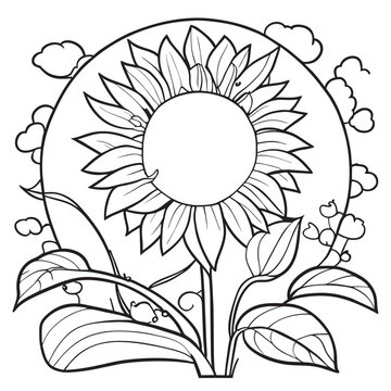 black and white sunflower in the field, vector illustration line art