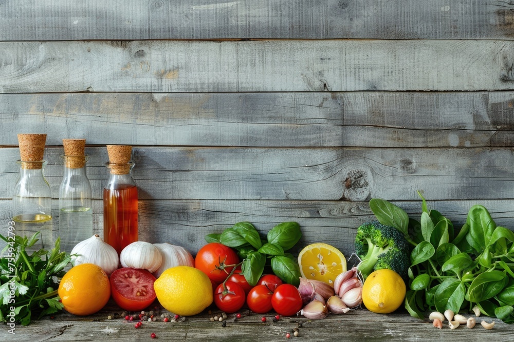 Poster assorted vegetables displayed on a wooden table, perfect for food blogs or recipe websites.