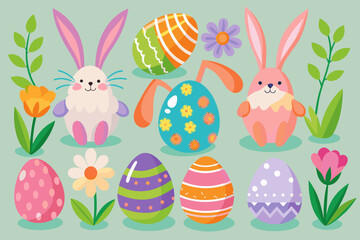 Easter bunny with eggs Vector art illustration