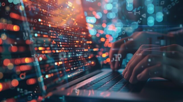 Portrait hand of software engineer working on laptop with circuit board. AI generated image
