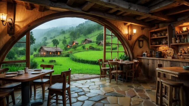 inside view of an old coffee shop in the Village at rainy times, seamless rain looping animation.