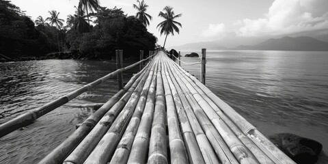 A striking black and white photo of a bamboo bridge, perfect for adding a touch of elegance to any...