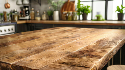 Empty countertop made of brown natural wood with grunge-style knots with place to advertise products or kitchen appliances, dishes, against blurred background of cozy kitchen at home. Copy space.