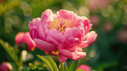 Obraz premium Detailed close-up of a pink flower with vibrant green leaves. Perfect for nature backgrounds.