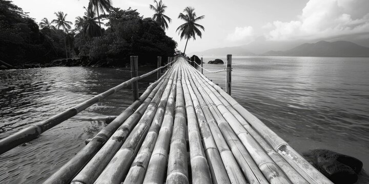 A striking black and white photo of a bamboo bridge, perfect for adding a touch of elegance to any project.