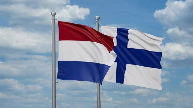 Finland and Netherlands two flags waving together, looped video, two country relations concept