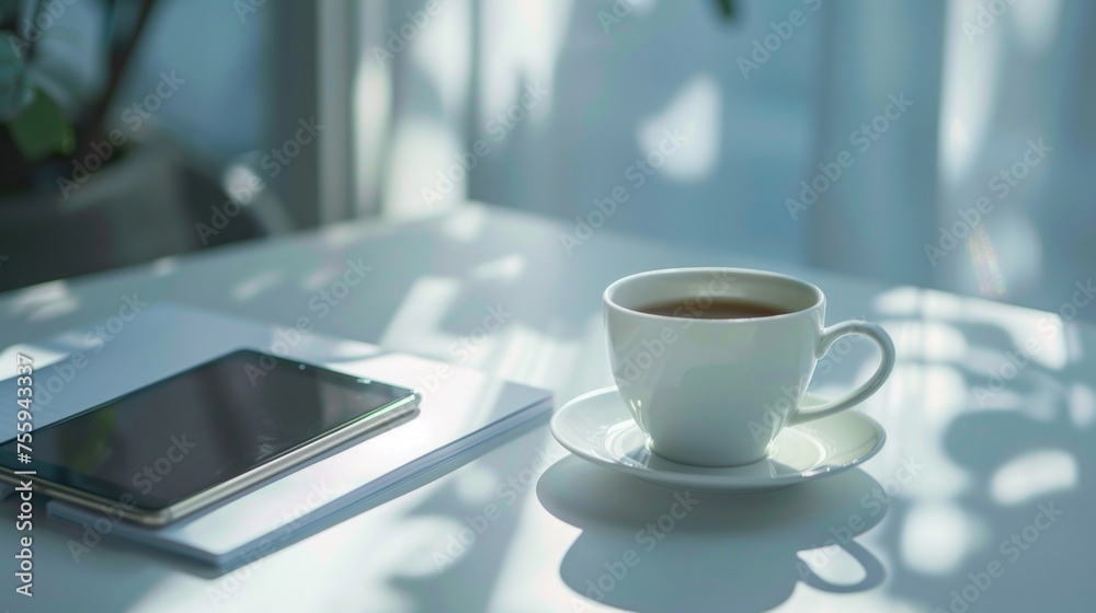 Poster coffee cup and tablet on a table, suitable for technology and workspace concepts.