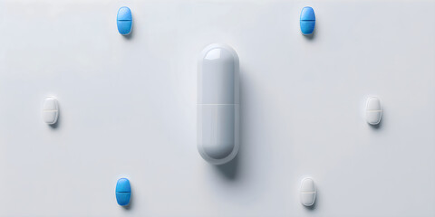 White capsule and blue pills on a white background. Banner Design template for advertising vitamins, medicines, healthy lifestyle, microelements copyspace