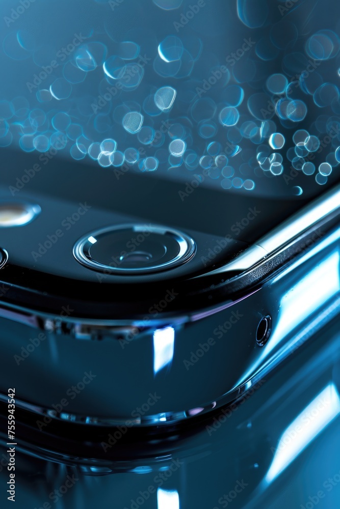 Poster close up of a cell phone on a table, suitable for technology concepts.