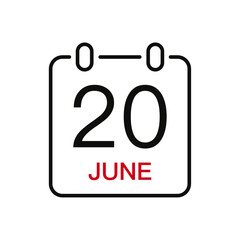 June 20 date on the calendar, vector line stroke icon for user interface. Calendar with date, vector illustration.