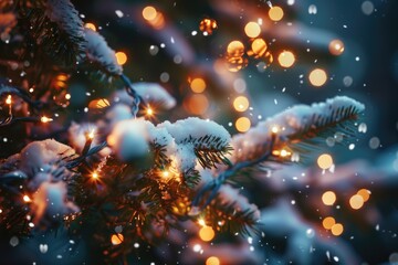 A festive close-up of a Christmas tree with glowing lights. Perfect for holiday backgrounds.