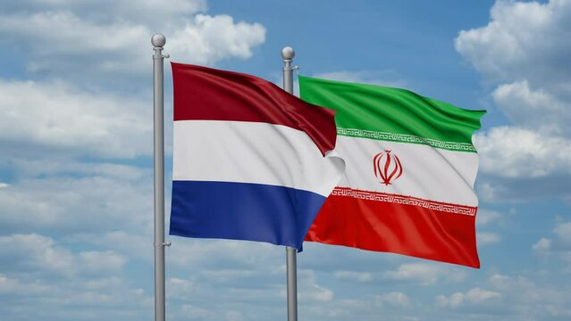 Iran and Netherlands two flags waving together on blue sky, looped video
