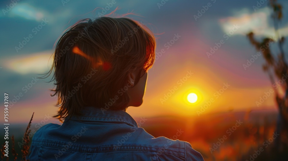 Poster A person standing in a field at sunset, suitable for various concepts.