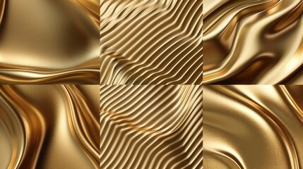 Set of four images showcasing luxurious gold fabric, perfect for backgrounds or design projects.
