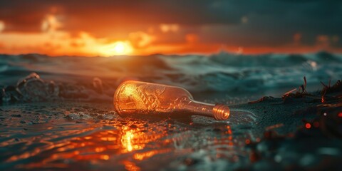 Glass bottle sitting on sandy beach, suitable for environmental concepts. - obrazy, fototapety, plakaty